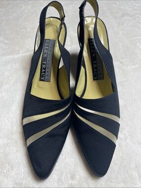 Ellen Tracy Black Fabric Slingback Heels with Sheer Cream Stripes Size 9.5